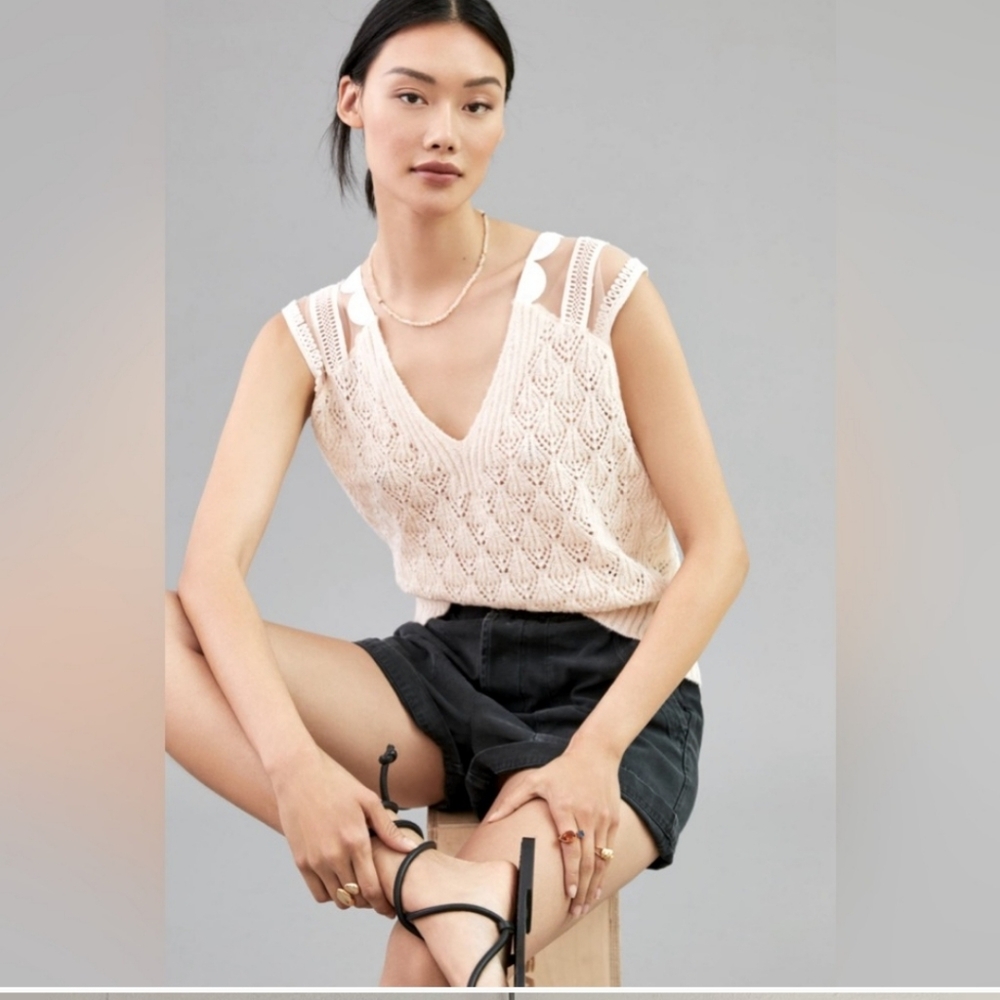 Anthropologie Maeve V Neck Knit Sweater Blouse Top Salmon Pink Sz OS